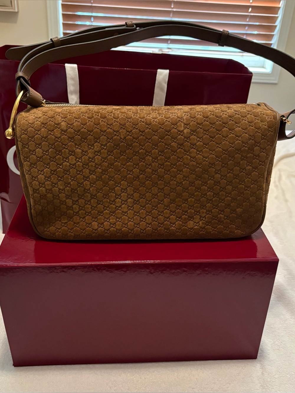 Gucci Tan Suede Shoulder Bag with Embossed GG